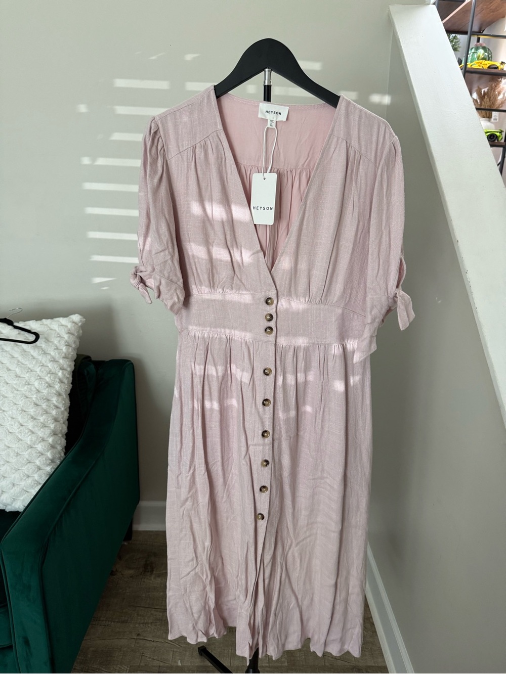 Blush Pink Button-Front Midi Dress